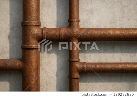 Corroded metal pipes forming an industrial plumbing system against a textured concrete wall, showcasing rust and age, AI Generative 129252650