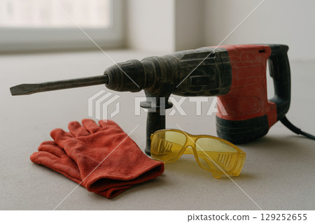 Heavy duty electric drill with red gloves and yellow safety glasses on a light surface near a window in a construction setting, AI Generative 129252655