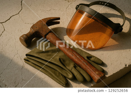 Rusty claw hammer, protective gloves, and orange safety face shield arranged on cracked concrete surface in warm sunlight, AI Generative Rusty claw hammer, protective gloves, and orange safety face shield arranged on cracked concrete surface in warm sunlight, AI Generative 129252656