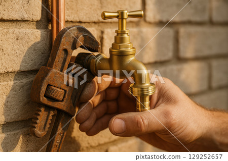 Plumber tightening brass outdoor faucet with wrench against brick wall during residential plumbing maintenance and repair, AI Generative 129252657