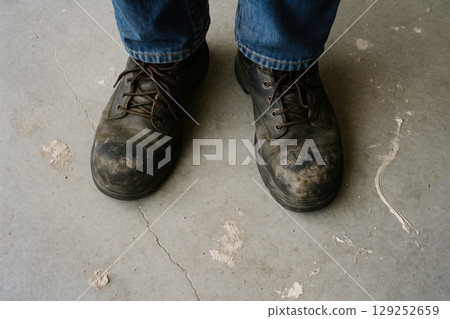 Worn work boots and blue jeans on concrete surface, showcasing rugged durability and casual for outdoor or labor environments, AI Generative Worn work boots and blue jeans on concrete surface, showcasing rugged durability and casual for outdoor or labor environments, AI Generative 129252659