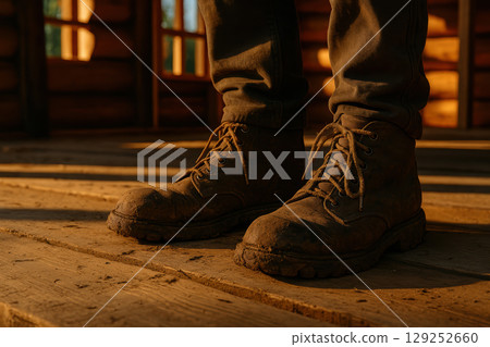 Close up of rugged boots and pants on wooden floor indoors, sunlight casting shadows, suggesting outdoor adventure and construction, AI Generative 129252660