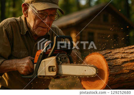 Elderly man using chainsaw to cut firewood outdoors in forested area with rustic cabin in background during autumn afternoon, AI Generative 129252680