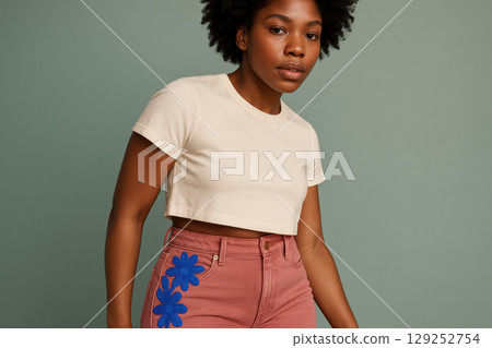 Confident young woman with natural hair in casual cropped top and high waisted pants featuring bold floral applique, AI Generative 129252754