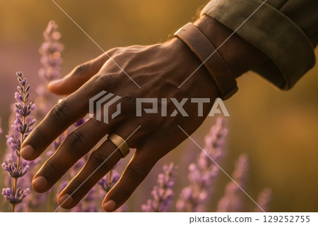 Close up of hand with ring and leather bracelet gently touching blooming lavender flowers in a peaceful outdoor setting, AI Generative 129252755
