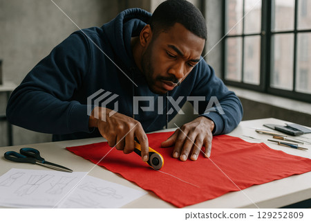 Focused male tailor measuring and cutting vibrant red fabric with rotary cutter in modern studio surrounded by sewing tools and sketches, AI Generative 129252809