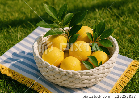 Fresh lemons with green leaves in a woven basket on striped cloth outdoors on a sunny summer lawn picnic scene, AI Generative 129252838
