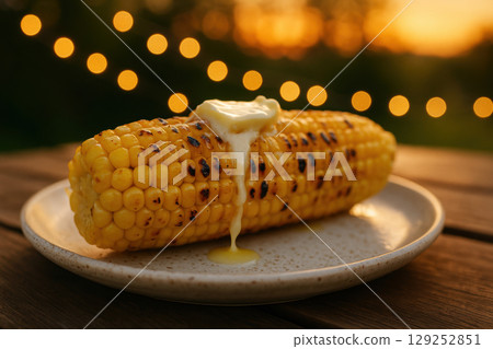 Grilled corn on the cob with melting butter on rustic plate outdoors at sunset with warm glowing lights in background, AI Generative 129252851