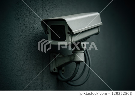 Outdoor security surveillance camera mounted on a concrete wall in low light, monitoring for safety and protection, AI Generative Outdoor security surveillance camera mounted on a concrete wall in low light, monitoring for safety and protection, AI Generative 129252868