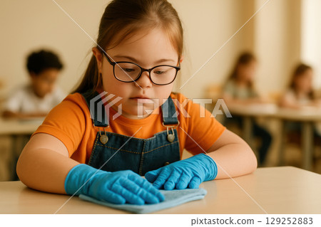 Young girl with down syndrome wearing gloves, cleaning a classroom desk, focused and independent, with classmates in background, AI Generative 129252883