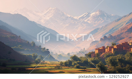 Beautiful scenery of misty mountains and rustic villages 129252927