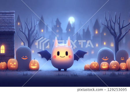 Cute bat character with wings stands among jack o lanterns in foggy graveyard, creating whimsical Halloween scene 129253095