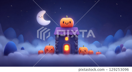 Cute pumpkins with smiling faces surround whimsical house under crescent moon in dreamy, foggy landscape 129253096
