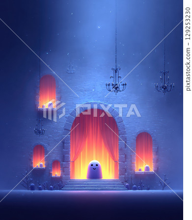Cute ghost stands in mystical, dimly lit castle with glowing arches and chandeliers. atmosphere is enchanting and whimsical 129253230