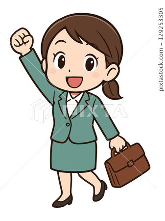 一位身著西裝的女商人手裡拿著一個袋子，微笑著，激動地揮舞著拳頭 129253305