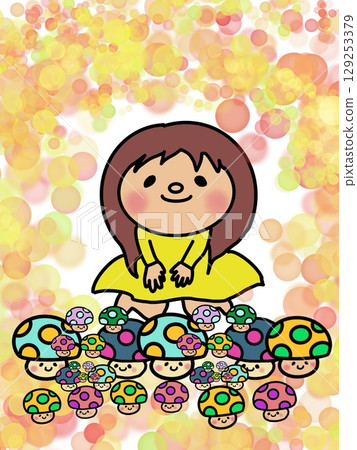 Autumn flavors, a girl with long hair and a yellow dress relaxing with lots of colorful mushrooms Autumn flavors, a girl with long hair and a yellow dress relaxing with lots of colorful mushrooms 129253379