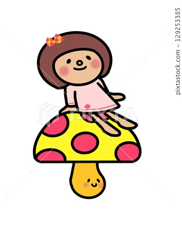 秋天的味道，秋天的胃口，一個可愛、色彩鮮豔、留著鮑伯髮型的女孩坐在蘑菇上 129253385