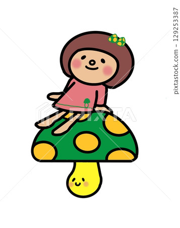 秋天的味道，秋天的食慾，微笑著的彩色蘑菇坐在連身裙上，一個留著鮑勃髮型的女孩穿著連身裙 129253387