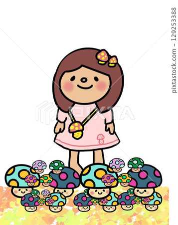 穿著粉紅色洋裝的女孩玩著美味的蘑菇，嚐一口秋天的味道 129253388