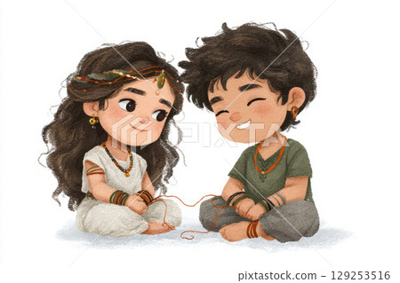 little sister tying rakhi to her grinning elder brother 129253516