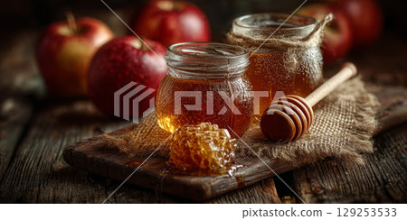 Honey and apples softly glowing on rustic wooden table for Rosh Hashanah 129253533