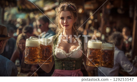 Smiling waitress serving beer at Oktoberfest 129253547