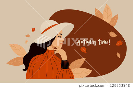Pretty Female Autumnal Portrait in fashionable wide-brim hat with Autumn Leaves. Stylish Seasonal horizontal poster autumn time. Vector illustration in flat style. Not AI Pretty Female Autumnal Portrait in fashionable wide-brim hat with Autumn Leaves. Stylish Seasonal horizontal poster autumn time. Vector illustration in flat style. Not AI 129253548