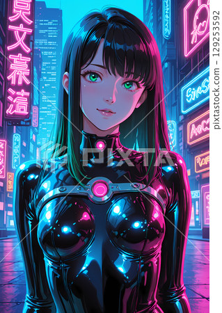 （復古流行音樂）身穿乳膠套裝的女人走過賽博龐克夜城 129253592