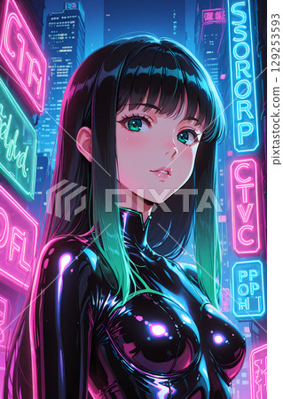 (復古流行音樂)身穿乳膠套裝的女人走過賽博龐克夜城 (復古流行音樂)身穿乳膠套裝的女人走過賽博龐克夜城 129253593