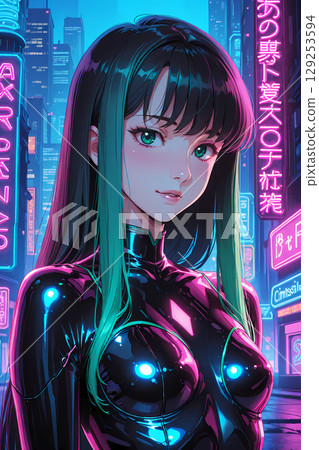 （復古流行音樂）身穿乳膠套裝的女人走過賽博龐克夜城 129253594