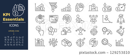 Minimalist KPI Icon Collection with Revenue, Growth and Efficiency Metrics for Project Management or Data Visualization. Vector. Editable Stroke. Minimalist KPI Icon Collection with Revenue, Growth and Efficiency Metrics for Project Management or Data Visualization. Vector. Editable Stroke. 129253810