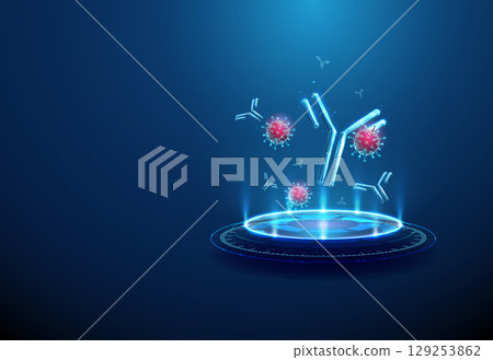 Viruses and antibodies on futuristic digital podium, neon lighting. Immune response, viral defense, biotechnology innovation, vaccination, antibody-based therapy concept 129253862