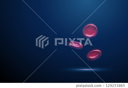 Flying red blood cells on blue background. Oxygen transport, blood circulation, healthy blood cells, hematology, medical diagnostics, biotechnology research concept. 129253865