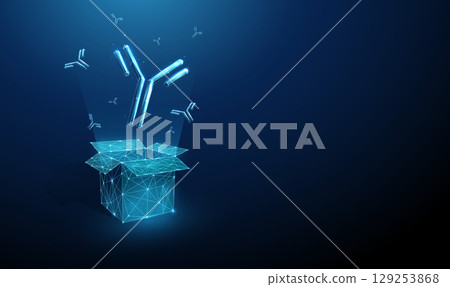 Abstract blue open box and floating antibodies. Biotechnology innovation, therapeutic antibody development, immune system treatment concept. Abstract blue open box and floating antibodies. Biotechnology innovation, therapeutic antibody development, immune system treatment concept. 129253868