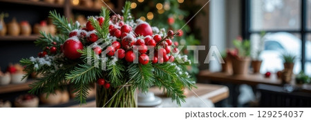 Christmas bouquet with red berries and pine branches creating festive atmosphere 129254037