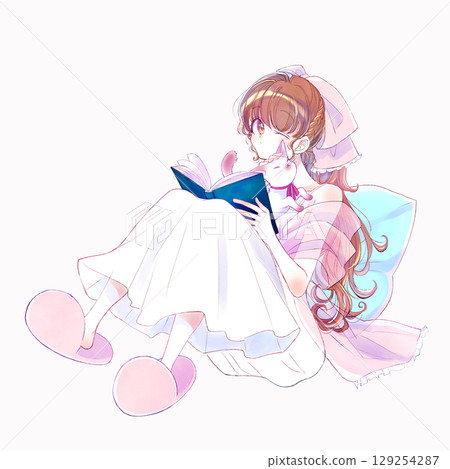 Woman stroking cat reading fairy tale 129254287