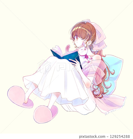 Woman stroking cat reading fairy tale 129254288