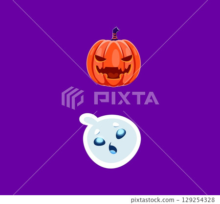 Halloween font colon ghost and pumpkin characters. Halloween monster personage English ABC special symbol, Jack o Lantern and funny ghost character font vector punctuation sign. Latin alphabet element 129254328