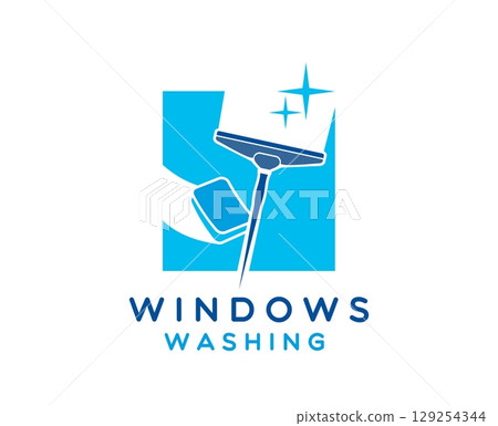 Window washing and cleaning service icon. House or office window professional washing service vector symbol, household glass cleaning equipment store icon or company emblem with scraper and sponge Window washing and cleaning service icon. House or office window professional washing service vector symbol, household glass cleaning equipment store icon or company emblem with scraper and sponge 129254344