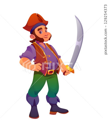 Cartoon pirate ship crew character brandishing gleaming sword. Isolated vector corsair sailor personage with cunning grin and beard, wearing vest, ready for high seas adventure and daring exploits 129254373