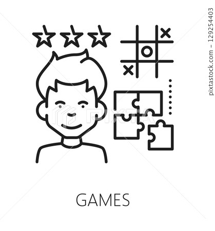 Games cognitive ability line icon or emblem. Cognitive ability linear vector sign, brain function therapy pictogram. Kids development games symbol with boy kid personage, puzzle and tic tac toe games 129254403