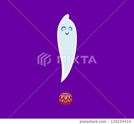 Halloween font exclamation mark ghost cartoon character. Funny ghost character English ABC punctuation sign, Halloween monster personage or spooky creature mascot font typeset vector special symbol Halloween font exclamation mark ghost cartoon character. Funny ghost character English ABC punctuation sign, Halloween monster personage or spooky creature mascot font typeset vector special symbol 129254414