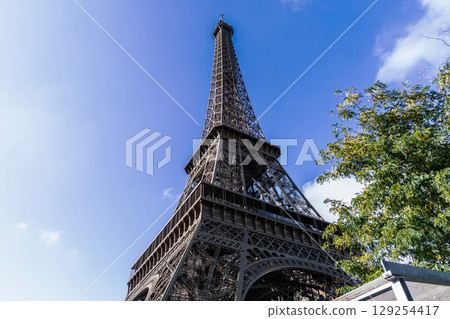 A Stunning and Iconic View of the Majestic Eiffel Tower in Beautiful Paris on a Clear Day 129254417