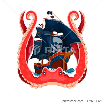 Cartoon pirate ship in octopus tentacles. Heraldic nautical vector emblem with corsair galleon boat with black sails encircled by giant red kraken tentacles, evokes mythical sea battle in fantasy lore 129254425