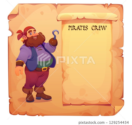 Pirate crew character, game options window. Cartoon vector corsair with beard and hand hook standing beside an old parchment scroll that forms a blank ui frame for adventure or treasure hunt videogame Pirate crew character, game options window. Cartoon vector corsair with beard and hand hook standing beside an old parchment scroll that forms a blank ui frame for adventure or treasure hunt videogame 129254434