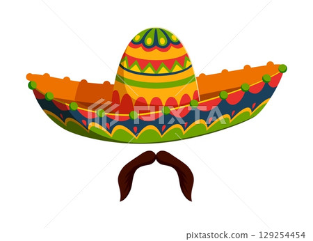 Cartoon Mexican mariachi sombrero hat with moustaches, Cinco de mayo holiday accessory. Isolated vector Mariachi musician or charro cap adorned with bright patterns, symbolizes Latin American culture Cartoon Mexican mariachi sombrero hat with moustaches, Cinco de mayo holiday accessory. Isolated vector Mariachi musician or charro cap adorned with bright patterns, symbolizes Latin American culture 129254454