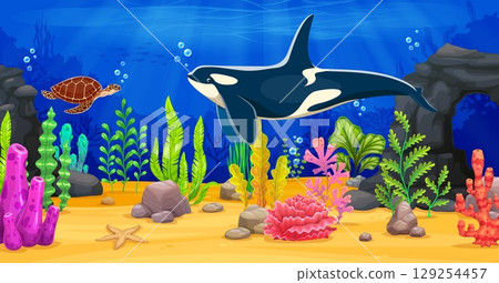 Underwater game background with killer whale, seaweeds and sea turtle. Computer or mobile game level design background or wallpaper with ocean underwater world landscape, animals characters and plants 129254457