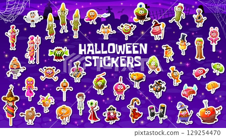 Stickers pack of Halloween holiday sweets, candies and desserts characters. Halloween creepy sweet fingers, marshmallow and cupcake, cookie, lollypop and apple candies vector personage vector stickers 129254470