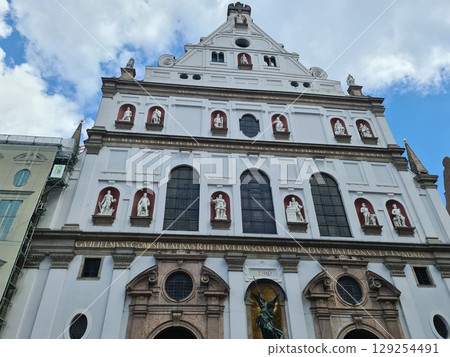 Munich, Germany - July 27, 2025: Facaed of St. Michael's, Jesuit church in Munich, capital city of Bavaria. It is the largest Renaissance church north of the Alps, early Baroque architecture Munich, Germany - July 27, 2025: Facaed of St. Michael's, Jesuit church in Munich, capital city of Bavaria. It is the largest Renaissance church north of the Alps, early Baroque architecture 129254491
