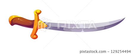 Cartoon pirate sword weapon, corsair saber with sharp sparkling blade. Isolated vector gleaming rover sabre, symbol of war, swashbuckling fights, danger, adventures and daring voyages on the high seas Cartoon pirate sword weapon, corsair saber with sharp sparkling blade. Isolated vector gleaming rover sabre, symbol of war, swashbuckling fights, danger, adventures and daring voyages on the high seas 129254494